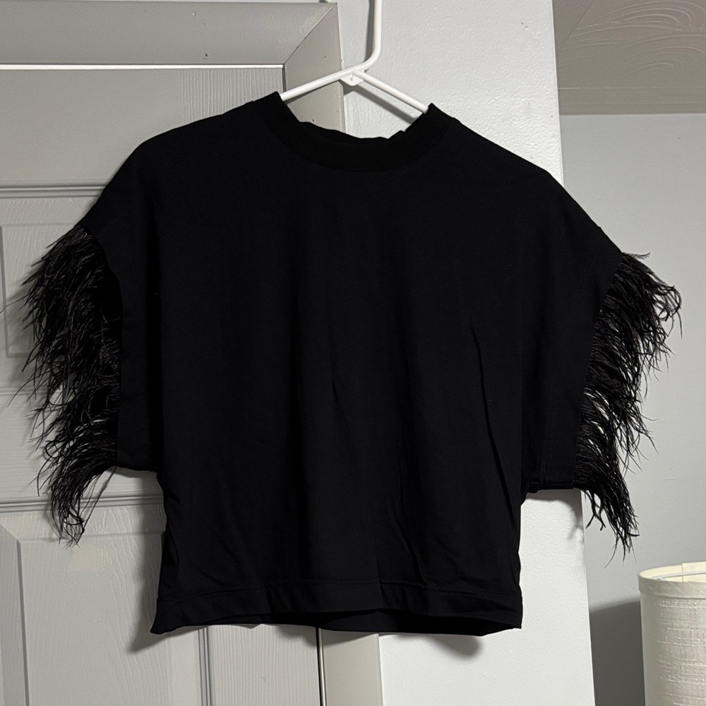Aqua Black Short Sleeve Top with Feather Trim